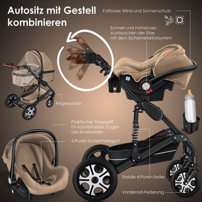 KESSER® Loops 3 in 1 Kinderwagen Kombikinderwagen Komplett-Set inkl. Babywanne & Buggy Sportsitz & Auto-Babyschale Voll-Gummireifen Wickeltasche Regenschutz Kindertisch ECE R129, Schwarz/Champagne - Meloni2