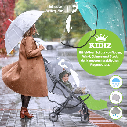 KIDIZ® Folding Pushchair, Sports Pram, 360° Wheels, 5-Point Harness, incl. Drinks Holder, Rain Cover, Adjustable Backrest and Sun Canopy, Red