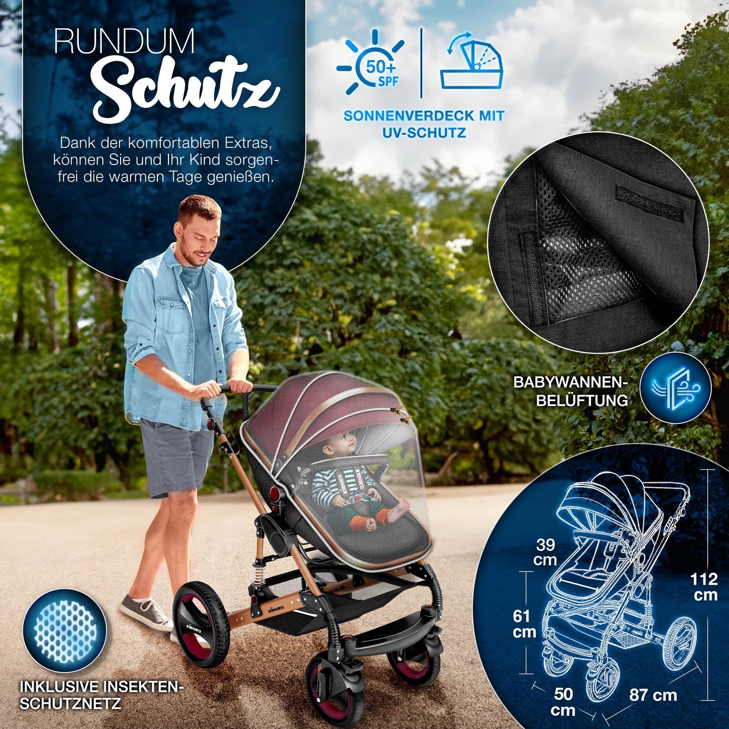 KIDUKU® 3 in 1 Kinderwagen Komplettset | Kombikinderwagen Set inkl. Babywanne & Buggy Sportsitz & Auto-Babyschale Fußsack | Vollgummireifen Wickeltasche Handwärmer Regenschutz Kindertisch ECE R129