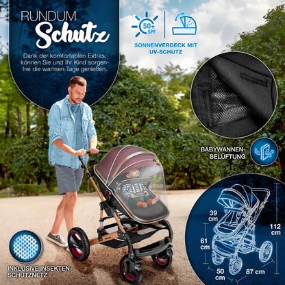 KIDUKU® 3 in 1 Kinderwagen Komplettset | Kombikinderwagen Set inkl. Babywanne & Buggy Sportsitz & Auto-Babyschale Fußsack | Vollgummireifen Wickeltasche Handwärmer Regenschutz Kindertisch ECE R129