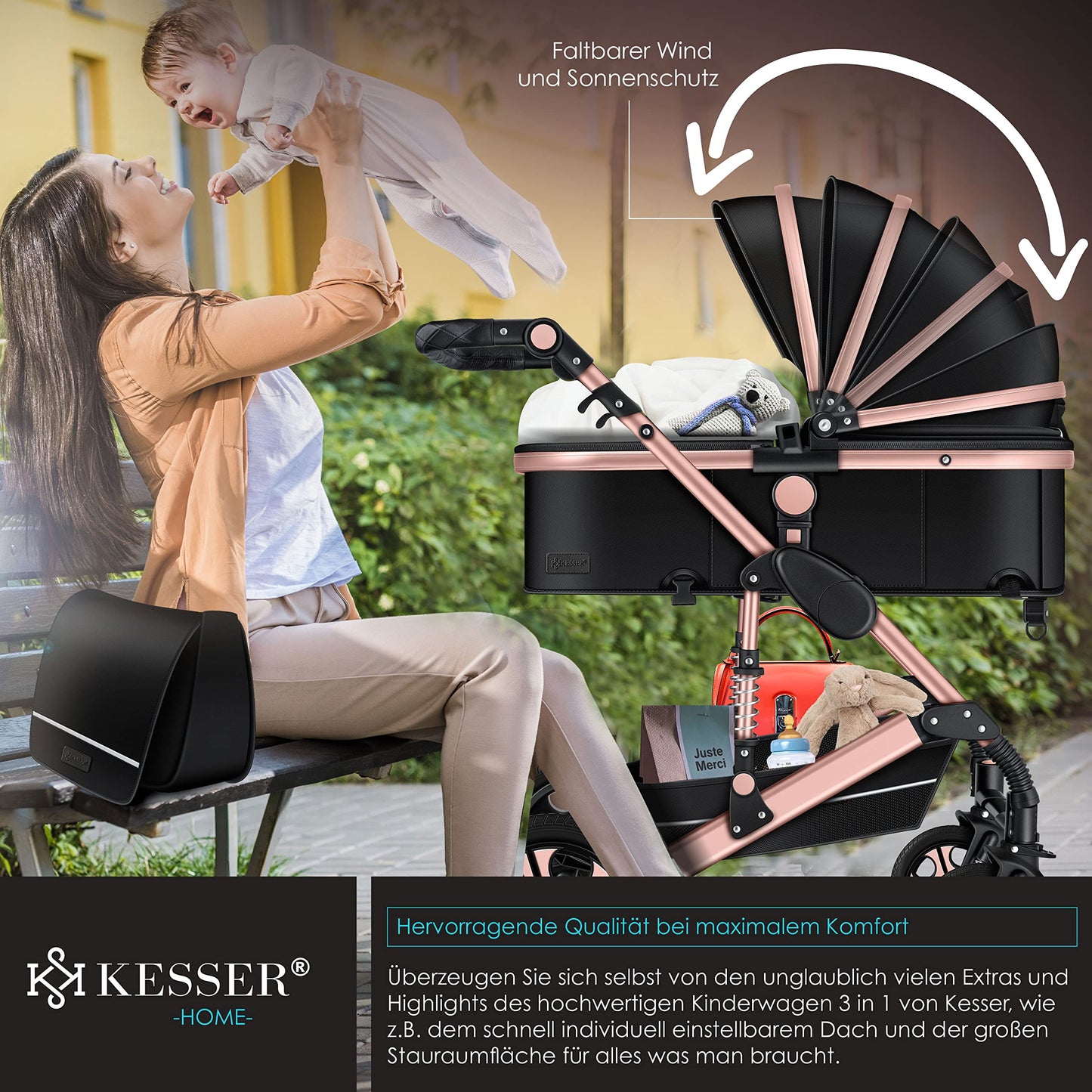 KESSER® Loops 3 in 1 Kinderwagen Kombikinderwagen Komplett-Set inkl. Babywanne & Buggy Sportsitz & Auto-Babyschale Voll-Gummireifen Wickeltasche Regenschutz Kindertisch ECE R129, Schwarz/Champagne - Meloni2