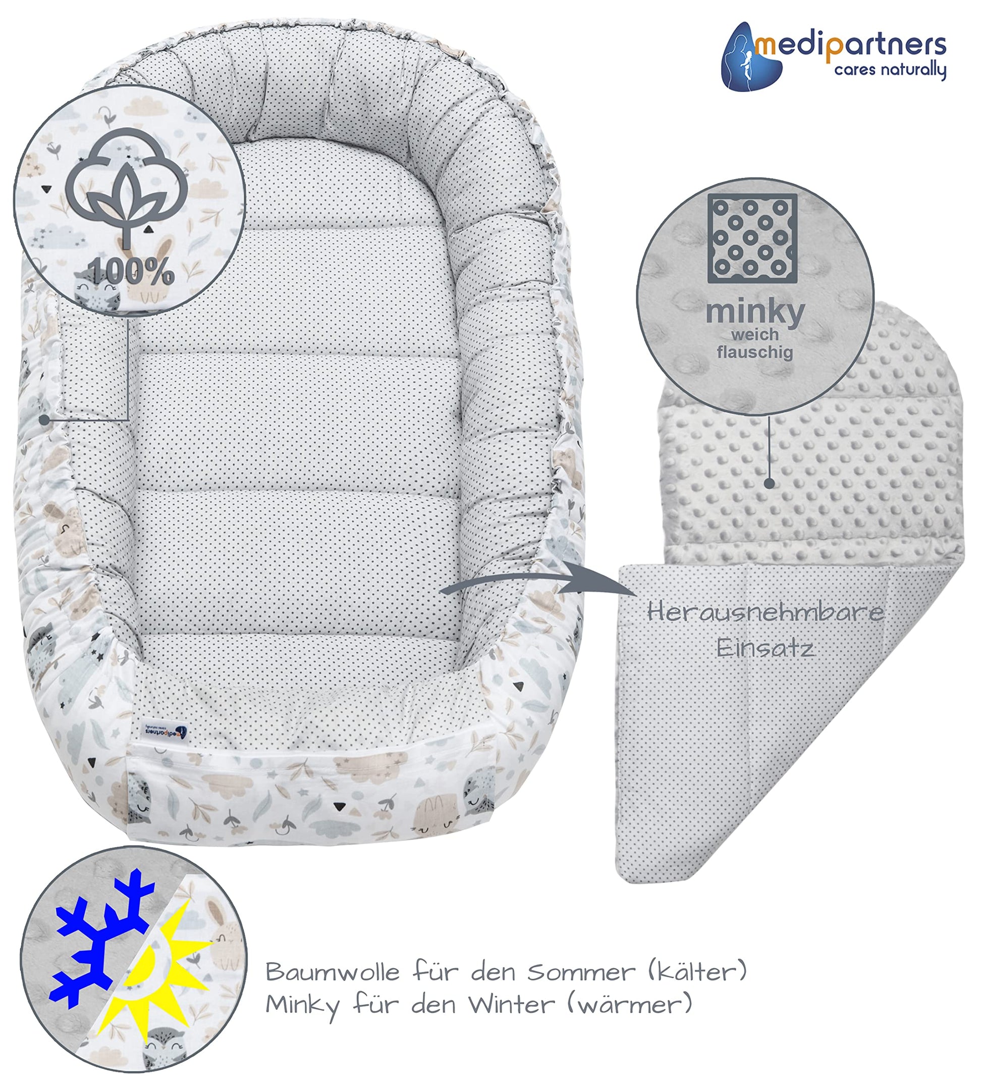 Medi Partners Babynestchen Babynest Set 100x60x15 Kuschelnest 5 teilig herausnehmbarer Einsatz Kokon Nestchen Babys Neugeborene 100% Baumwolle (REH mit Grauem Minky) - Meloni2