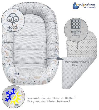 Medi Partners Babynestchen Babynest Set 100x60x15 Kuschelnest 5 teilig herausnehmbarer Einsatz Kokon Nestchen Babys Neugeborene 100% Baumwolle (REH mit Grauem Minky) - Meloni2