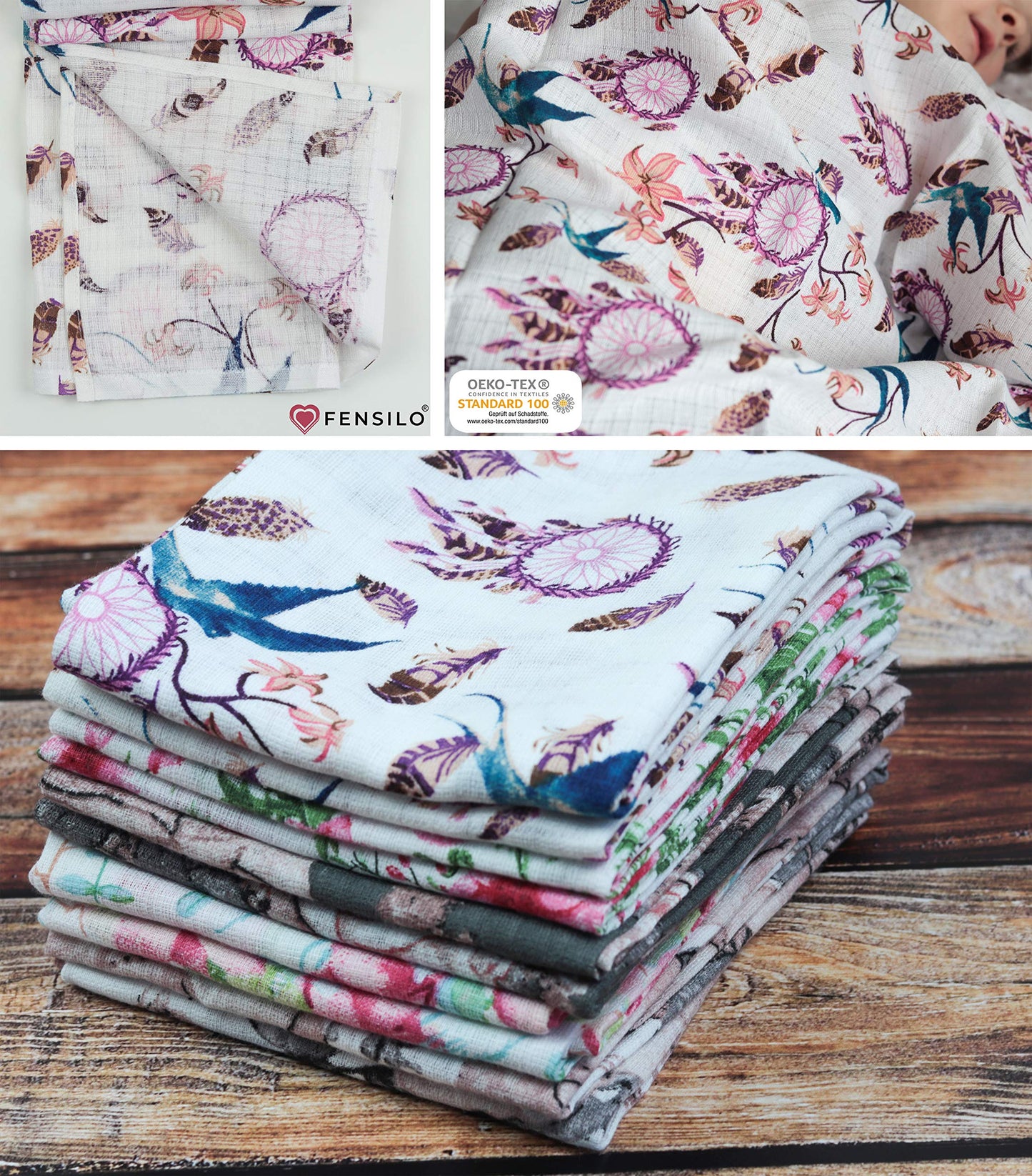 FENSILO - Mulltücher - Mullwindeln - 10er Pack 70x80 cm - Stoffwindeln, Made IN EU, schadstoffgeprüft - Spucktücher Set für Mädchen – Baby Mullwindeln- Rosa - Oeko-TEX Zertifiziert