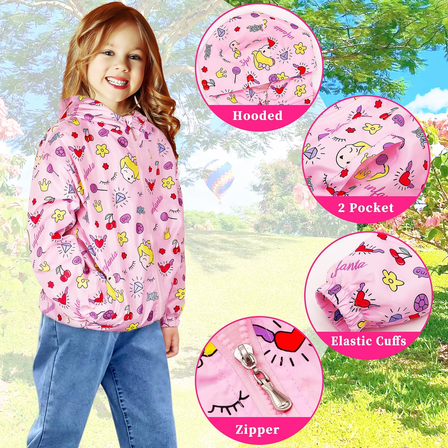 JinBei Jacken Mädchen Jacke Baby Kinder Kapuzen Sweatjacke Kapuzenjacke Cartoon Aufdruck Winddicht Mantel Windjacke Übergangsjack Frühling Herbst Outwear Softshelljacke Regenjacken 1-7 Jahre