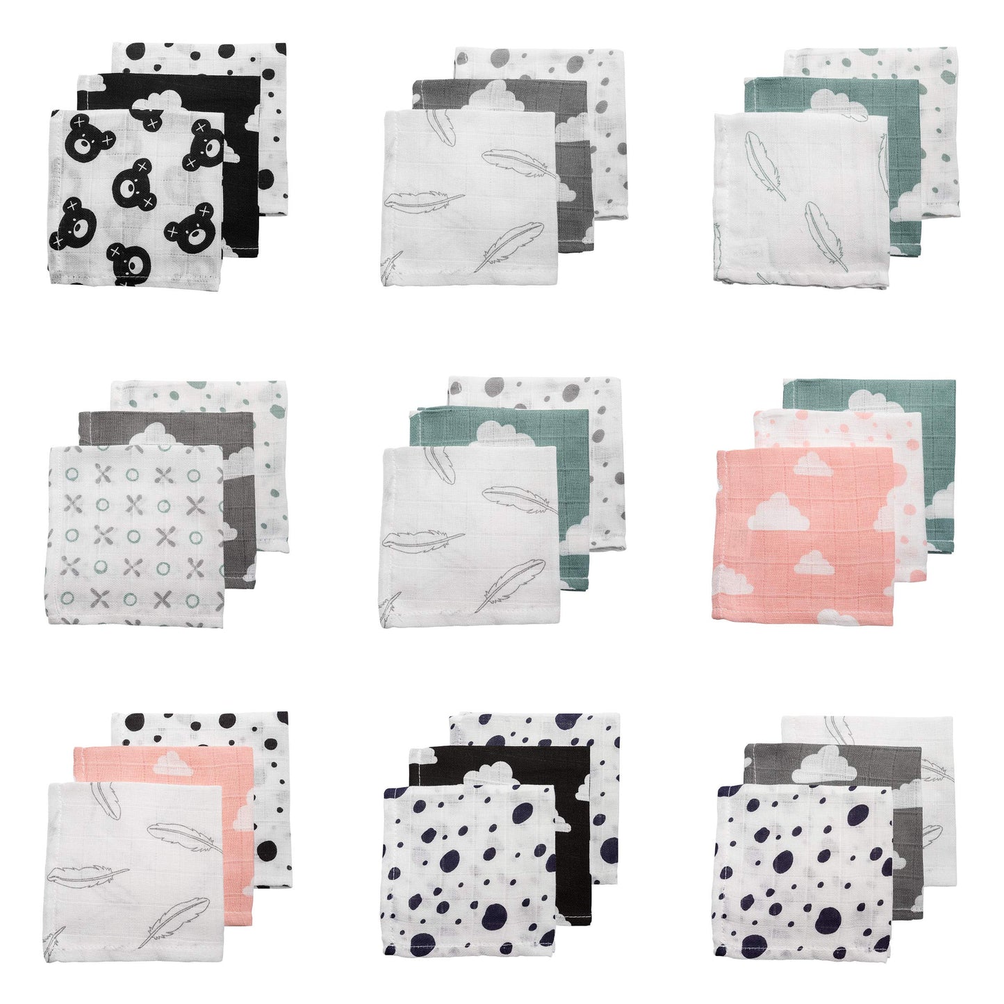 Meyco 457019 Mull/Musselin Spucktücher 3er Set, 30x30cm ANIMAL-UNI Stone Green-Weiss