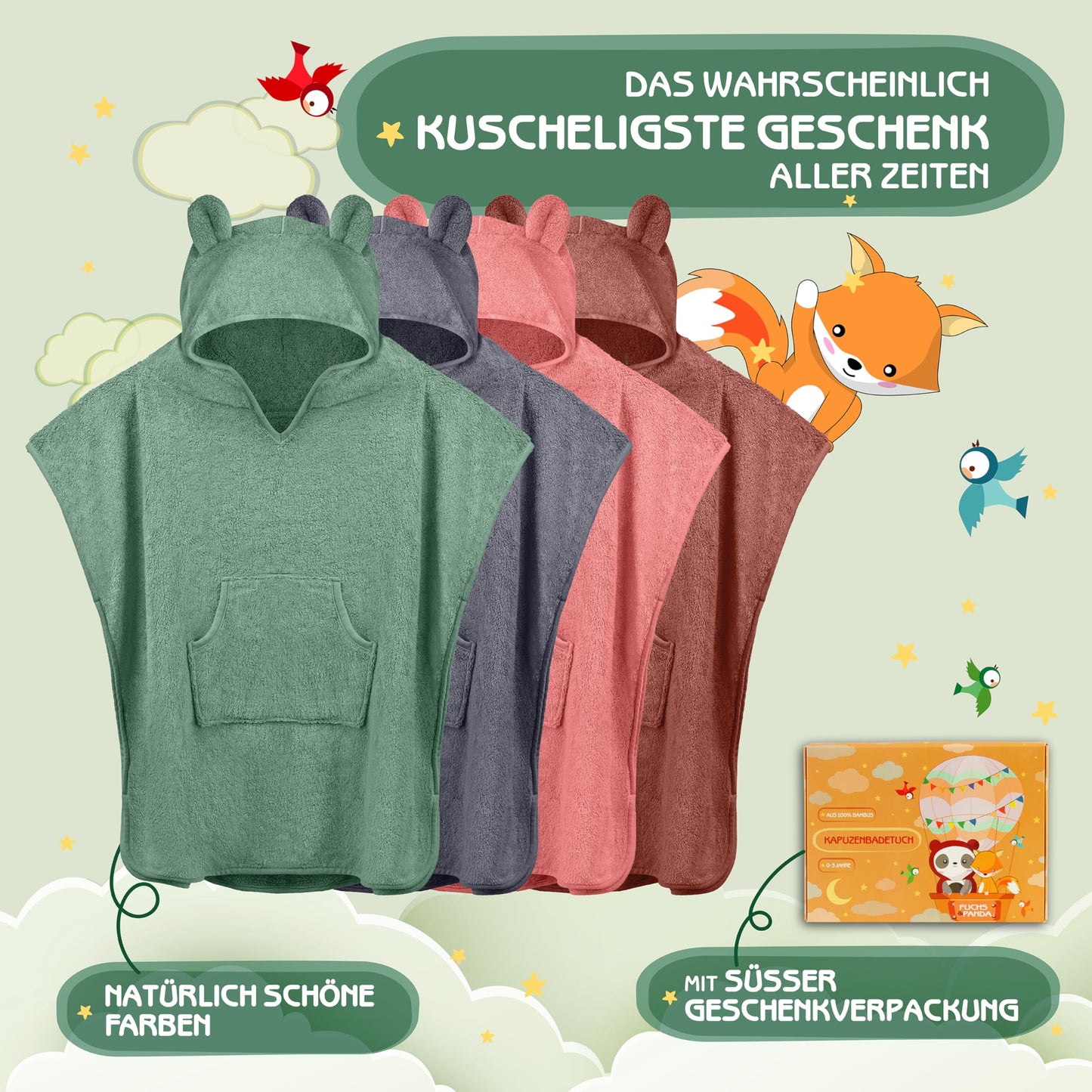 Fuchs&Panda® Badeponcho Kinder EXTRA warm, weich & kuschelig (100% Bambus) | Badeponcho Baby | Handtuch Poncho Kinder mit toller Geschenkverpackung (Kupfer-grün)
