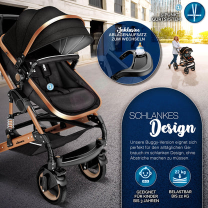 KIDUKU® 3 in 1 Kinderwagen Komplettset | Kombikinderwagen Set inkl. Babywanne & Buggy Sportsitz & Auto-Babyschale Fußsack | Vollgummireifen Wickeltasche Handwärmer Regenschutz Kindertisch ECE R129