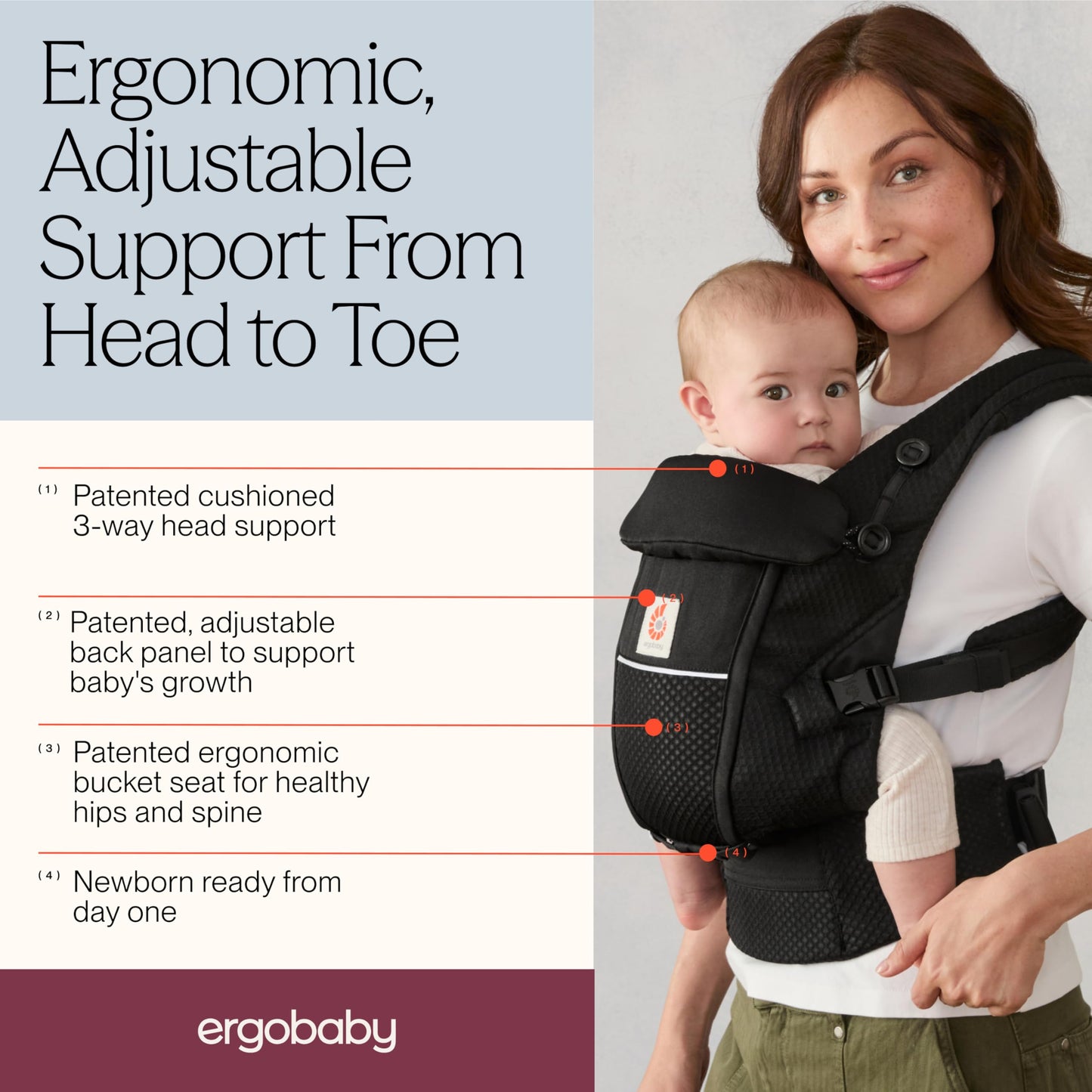 Ergobaby Adapt Babytrage für Neugeborene ab Geburt, 3-Positionen SoftFlex Mesh Ergonomische Babybauchtrage Rückentrage Baby-Tragetasche, Natural Beige, 1 Einheit