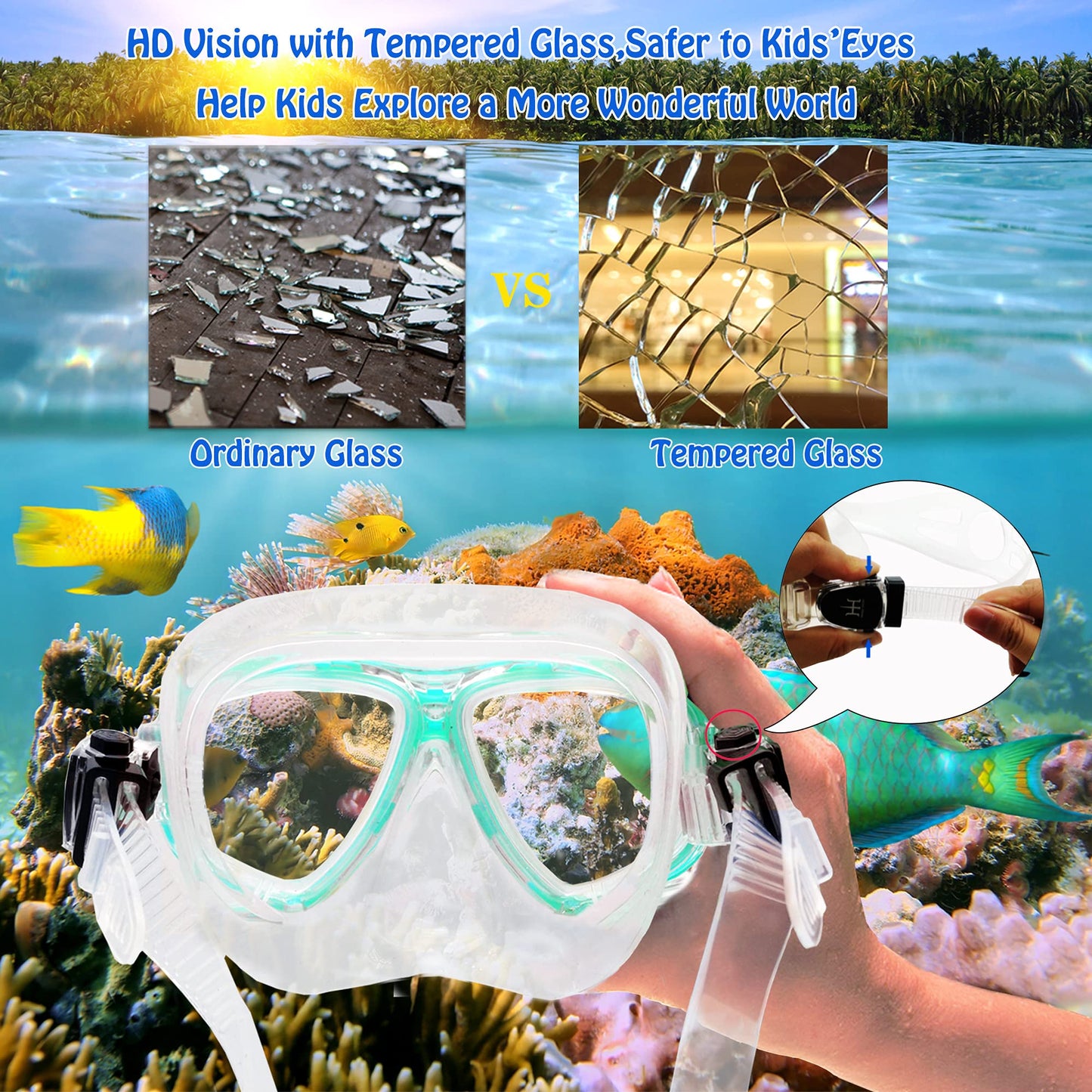 HH HHAO SPORT Children's snorkel set with fins, 180° panorama wide view diving goggles children, adjustable flippers, high-quality diving mask and dry top snorkel