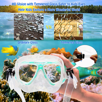HH HHAO SPORT Children's snorkel set with fins, 180° panorama wide view diving goggles children, adjustable flippers, high-quality diving mask and dry top snorkel