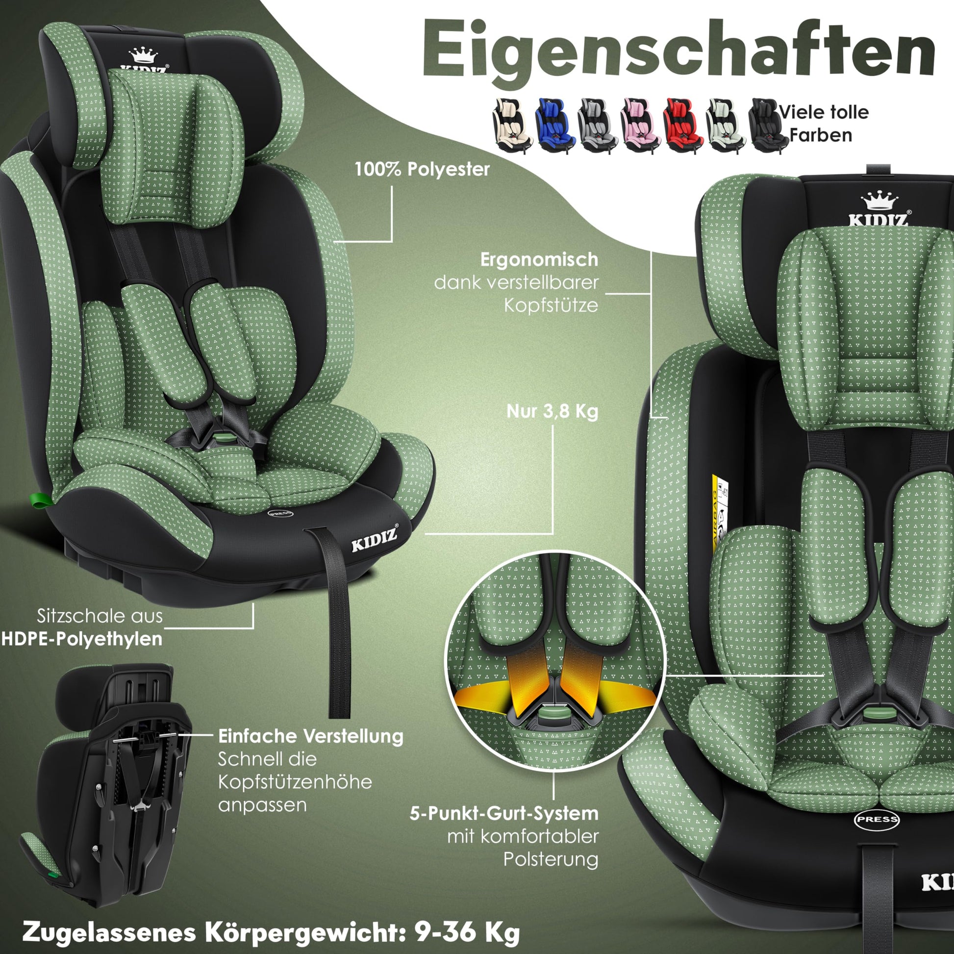 KIDIZ® Autokindersitz Triangle Premium Kindersitz Kinderautositz | Autositz Sitzschale | 9 kg - 36 kg 1-12 Jahre | Gruppe 1/2/3 | universal | zugelassen nach ECE R129/03 | mit Isofix - Meloni2