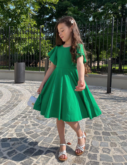 Arshiner Kleider für Mädchen Schmetterlingsärmel Kleid Kinder A-Line Swing Kleid Rundhals Sommerkleid Baumwollekleid Festlich Partykleid Hochzeit Lässige Kinderkleidung mit Tasche