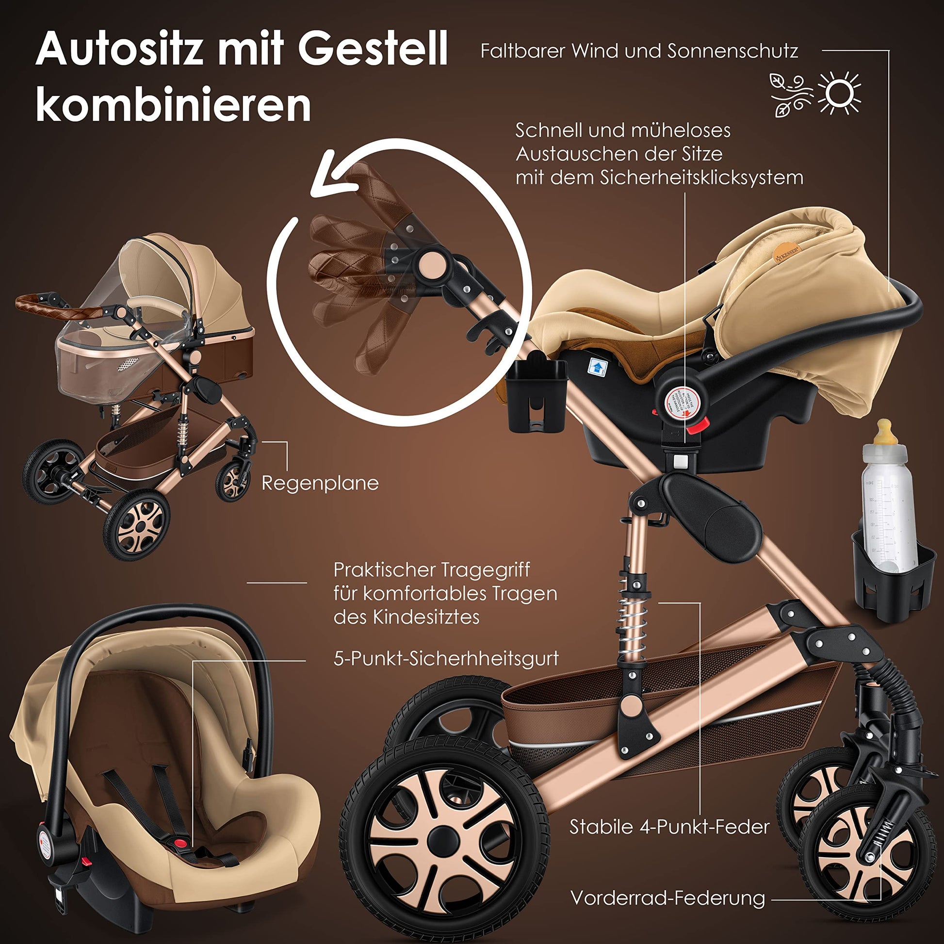KESSER® Loops 3 in 1 Kinderwagen Kombikinderwagen Komplett-Set inkl. Babywanne & Buggy Sportsitz & Auto-Babyschale Voll-Gummireifen Wickeltasche Regenschutz Kindertisch ECE R129, Schwarz/Champagne - Meloni2