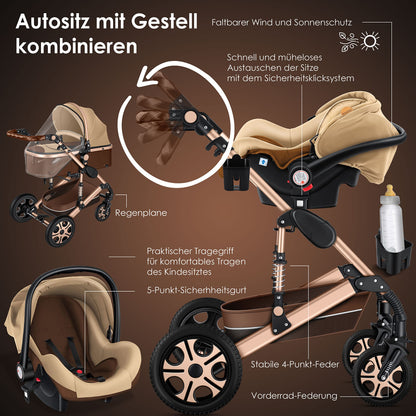 KESSER® Loops 3 in 1 Kinderwagen Kombikinderwagen Komplett-Set inkl. Babywanne & Buggy Sportsitz & Auto-Babyschale Voll-Gummireifen Wickeltasche Regenschutz Kindertisch ECE R129, Schwarz/Champagne - Meloni2
