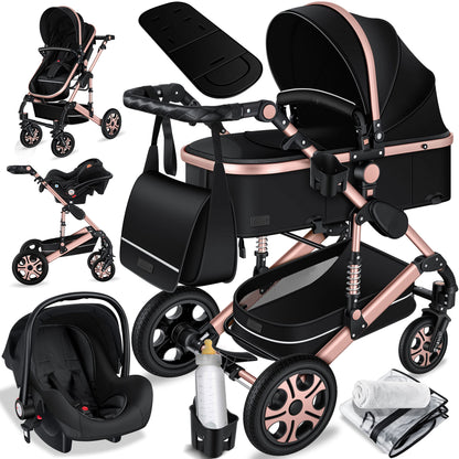 KESSER® Loops 3 in 1 Kinderwagen Kombikinderwagen Komplett-Set inkl. Babywanne & Buggy Sportsitz & Auto-Babyschale Voll-Gummireifen Wickeltasche Regenschutz Kindertisch ECE R129, Schwarz/Champagne - Meloni2