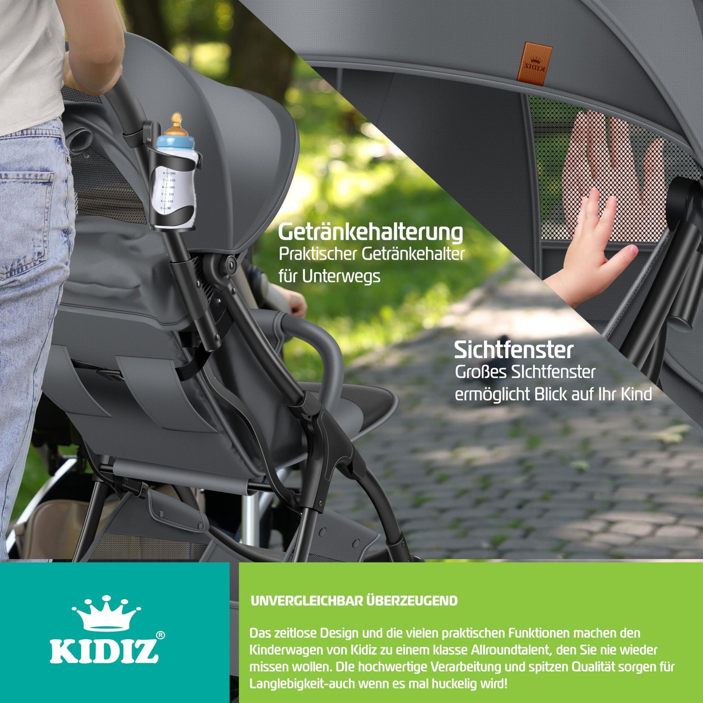 KIDIZ® Folding Pushchair, Sports Pram, 360° Wheels, 5-Point Harness, incl. Drinks Holder, Rain Cover, Adjustable Backrest and Sun Canopy, Red