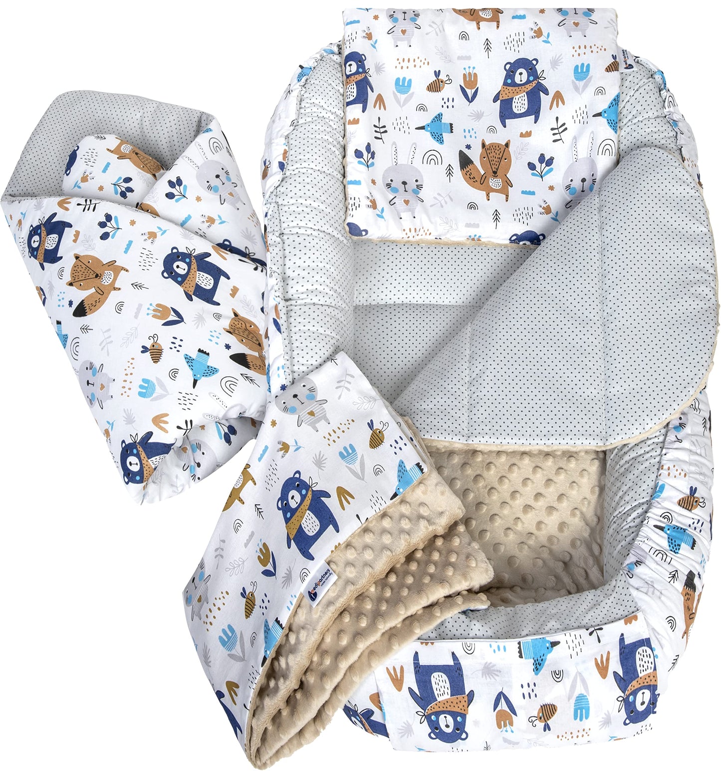 Medi Partners Babynestchen Babynest Set 100x60x15 Kuschelnest 5 teilig herausnehmbarer Einsatz Kokon Nestchen Babys Neugeborene 100% Baumwolle (REH mit Grauem Minky) - Meloni2