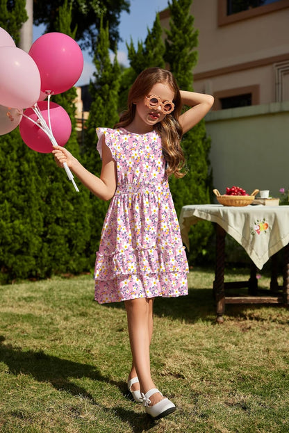Arshiner Girls Dresses Flutter Sleeves Kids Summer Cotton Formal Dress A-Line Waist Lace-up Casual Dress Swing Dress Elegant Sleeveless Dress for Girls 5-13 Years 