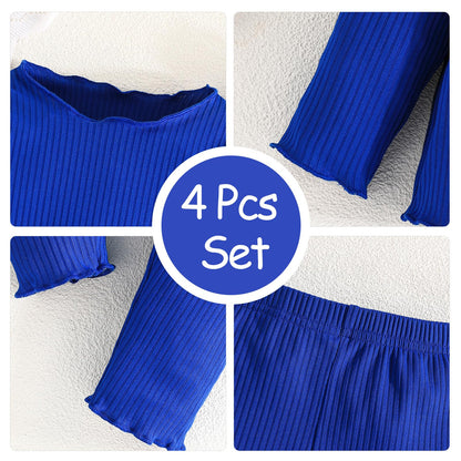 Kleinkind Baby Mädchen Kleidung Set Rüschen gerippt Kurzarm / Langarm T-Shirt Tops + Shorts Hosen 4 Stück Sommer Herbst Süße Outfits Set