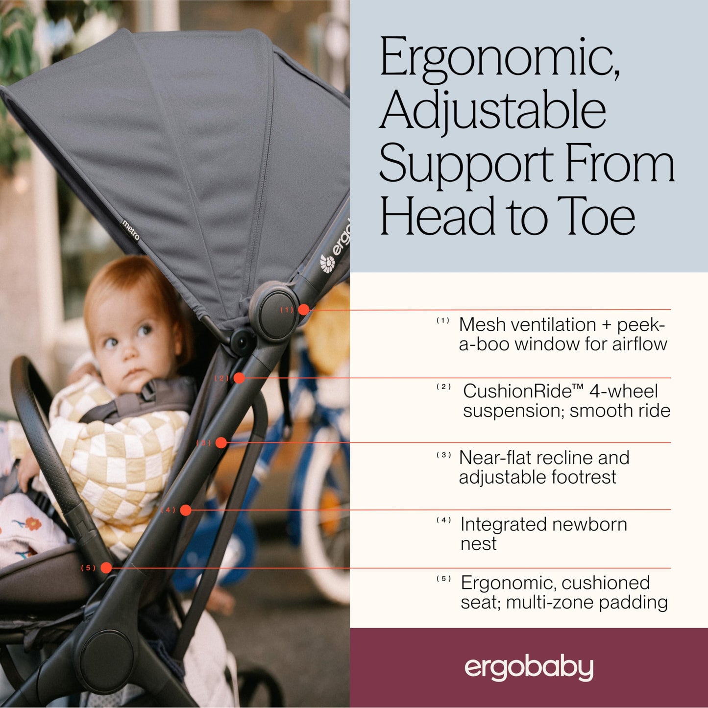 Ergobaby Metro3 Kinderwagen Buggy mit Liegefunktion, Baby-Buggy ab Geburt bis 22kg (0-4 Jahre), Zusammenklappbar und Autositz Kompatibel, höhenverstellbarer Griff, ergonomischer Sitz, Graphite Grey