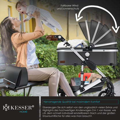 KESSER® Loops 3 in 1 Stroller Combi Stroller Complete Set including Carrycot &amp; Buggy Sports Seat &amp; Car Seat Solid Rubber Tires Changing Bag Rain Cover Children's Table ECE R129, Black/Champagne 