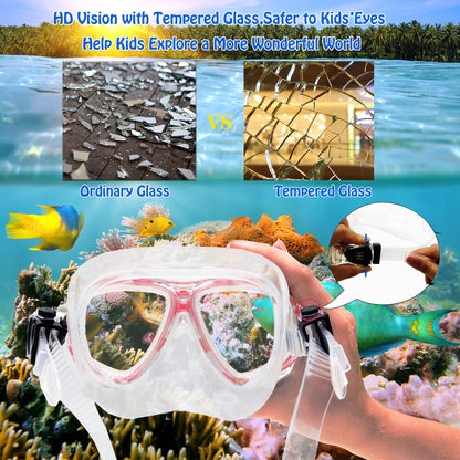 HH HHAO SPORT Children's snorkel set with fins, 180° panorama wide view diving goggles children, adjustable flippers, high-quality diving mask and dry top snorkel