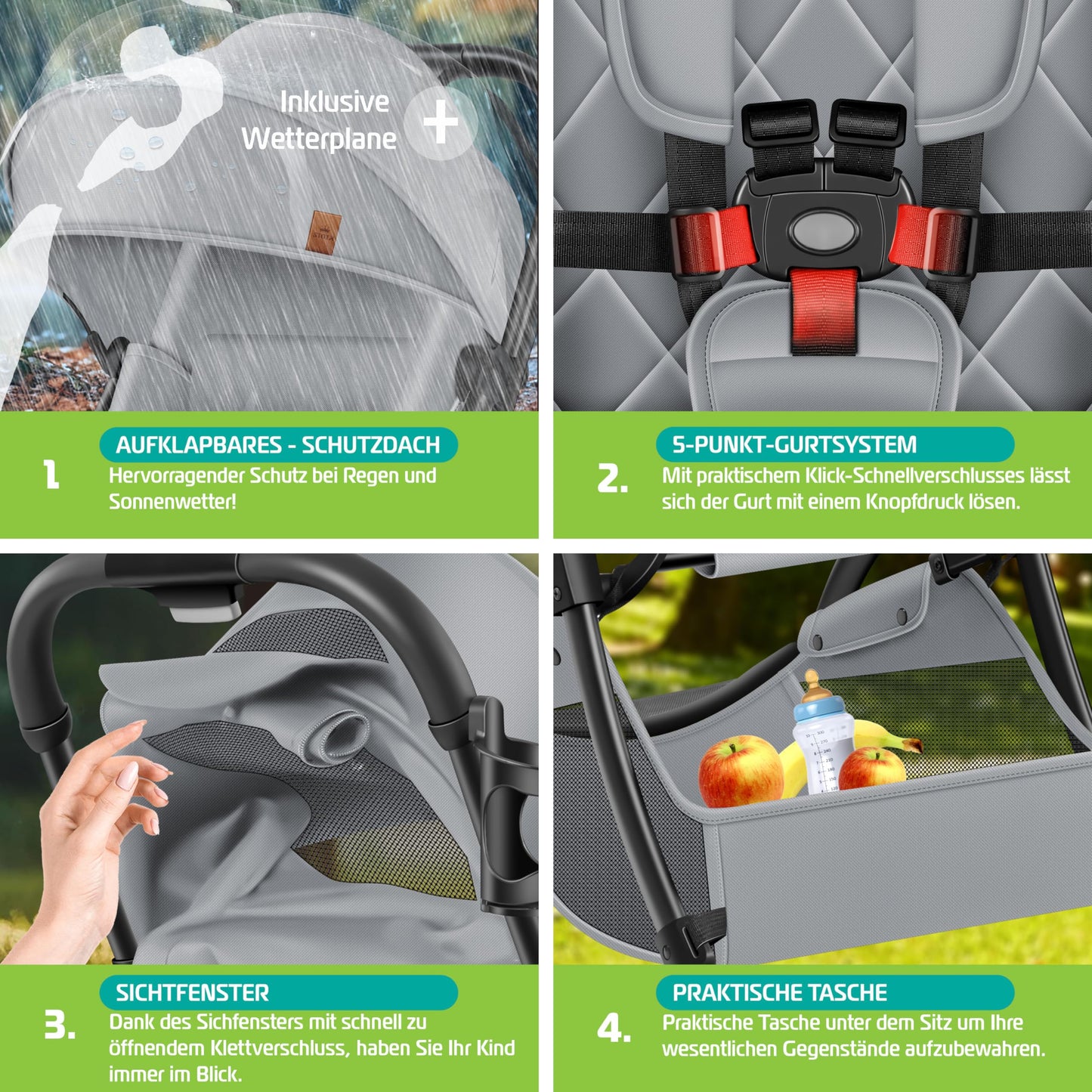 KIDIZ® Folding Pushchair, Sports Pram, 360° Wheels, 5-Point Harness, incl. Drinks Holder, Rain Cover, Adjustable Backrest and Sun Canopy, Red