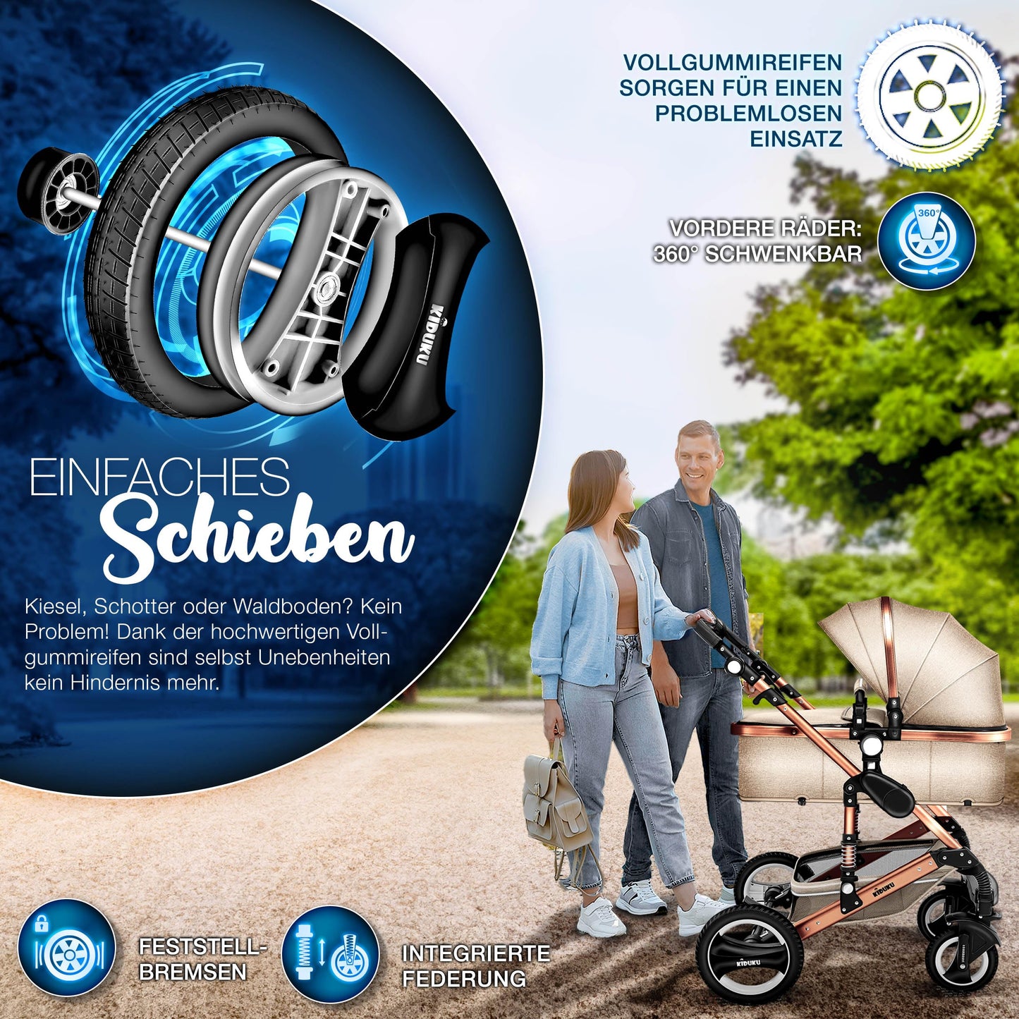 KIDUKU® 3 in 1 Kinderwagen Komplettset | Kombikinderwagen Set inkl. Babywanne & Buggy Sportsitz & Auto-Babyschale Fußsack | Vollgummireifen Wickeltasche Handwärmer Regenschutz Kindertisch ECE R129