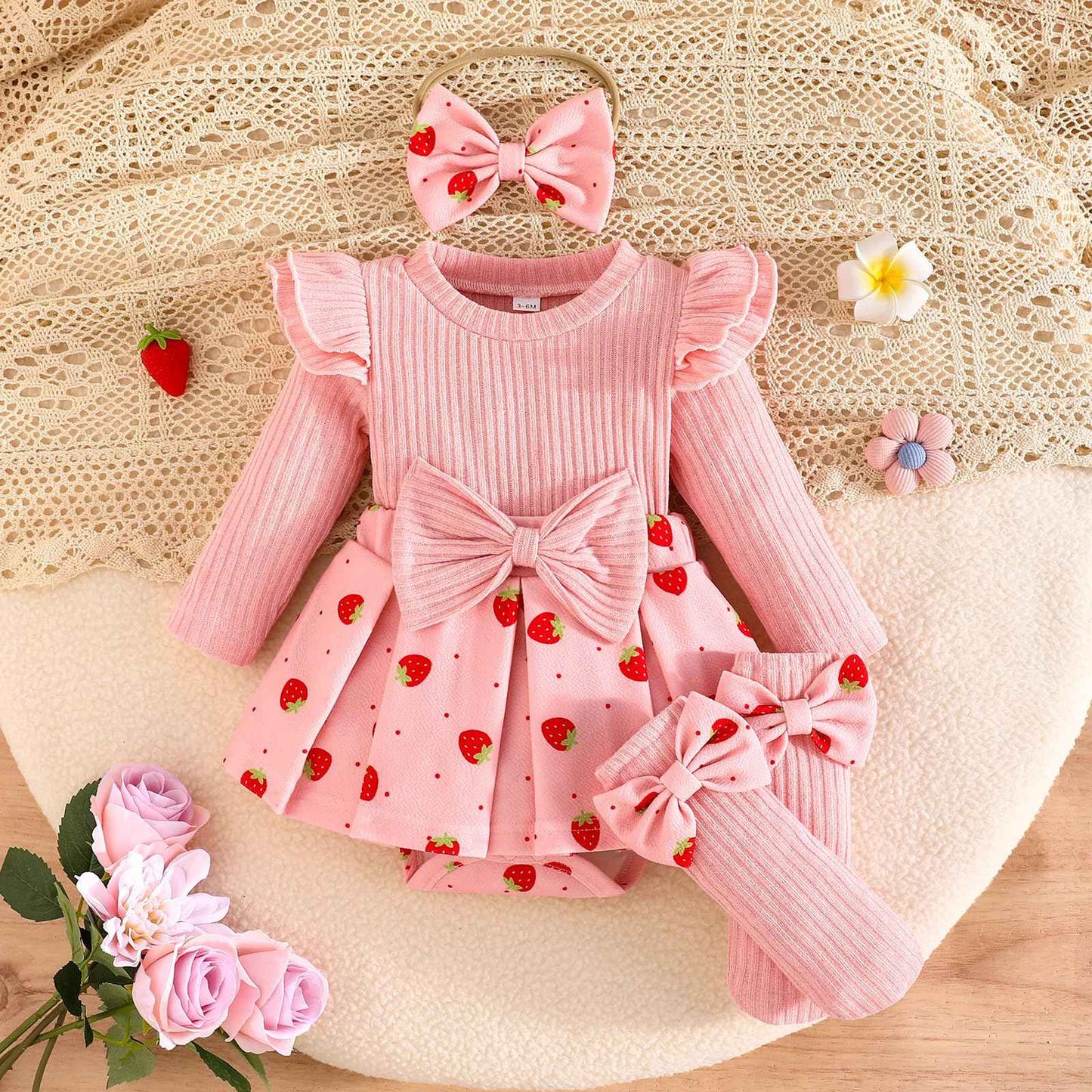 Winmany Strawberry Baby Girls Bodysuit with Sock Bow Headband Newborn Long Sleeve Bodysuit Autumn Winter Spring Jumpsuit Photography Props Clothes