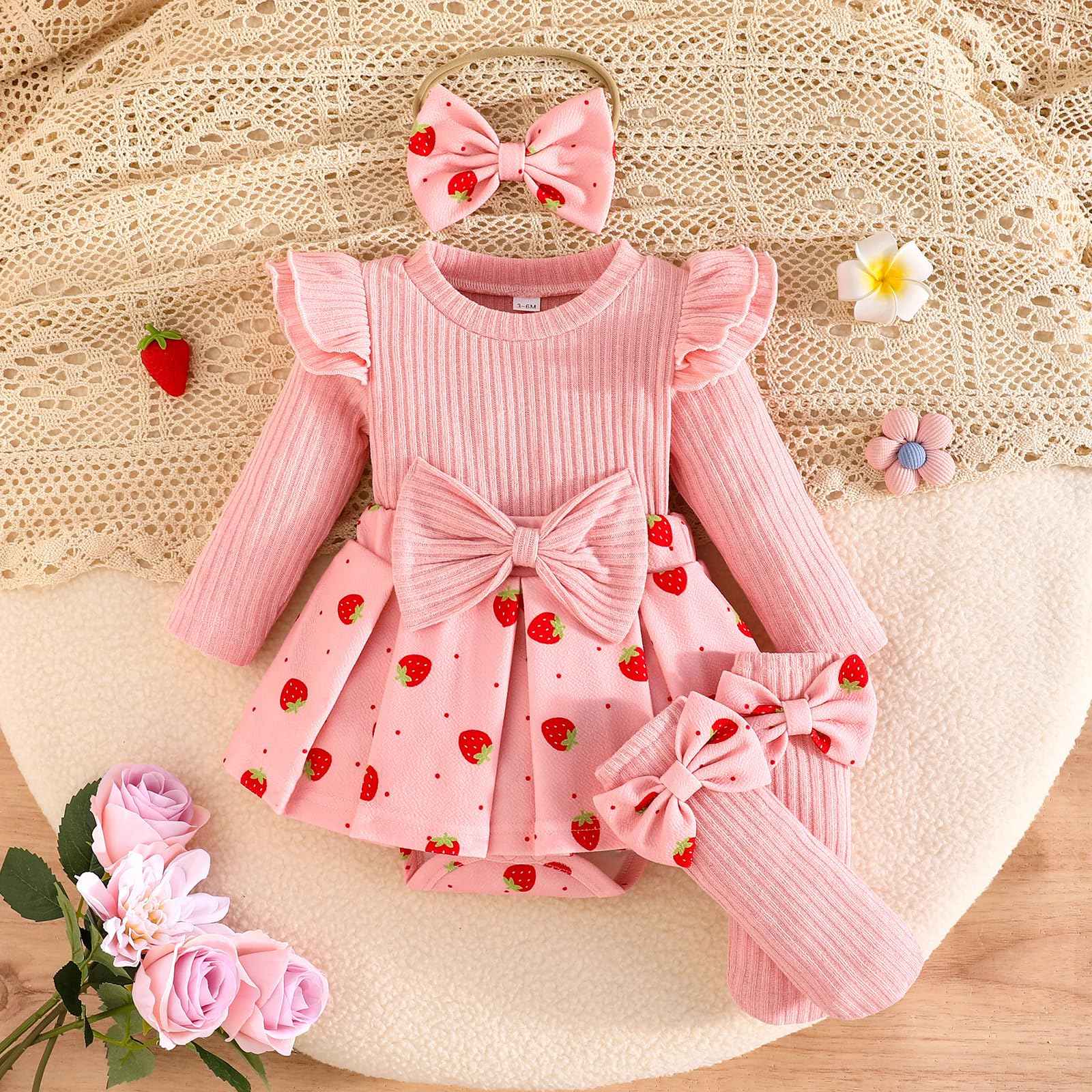 Winmany Strawberry Baby Girls Bodysuit with Sock Bow Headband Newborn Long Sleeve Bodysuit Autumn Winter Spring Jumpsuit Photography Props Clothes