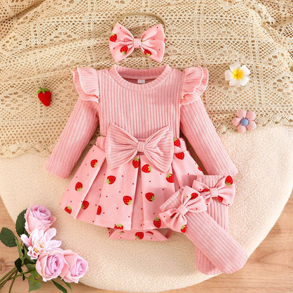 Erdbeere Baby Mädchen Bodysuit mit Socke Bogen Stirnband Neugeborenen Langarm Bodysuit Herbst Winter Frühling Overall Fotografie Requisiten Kleidung