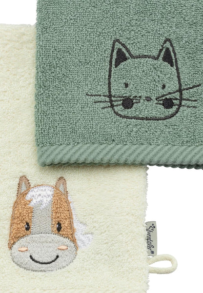 Sterntaler Waschlappen 2er Pack Bauernhof - Frottee Babywaschhandschuh aus saugfähiger, weicher Baumwolle, sorgt für Spaß beim Baden und Duschen - Baby und Kinder Waschlappen, steingrün