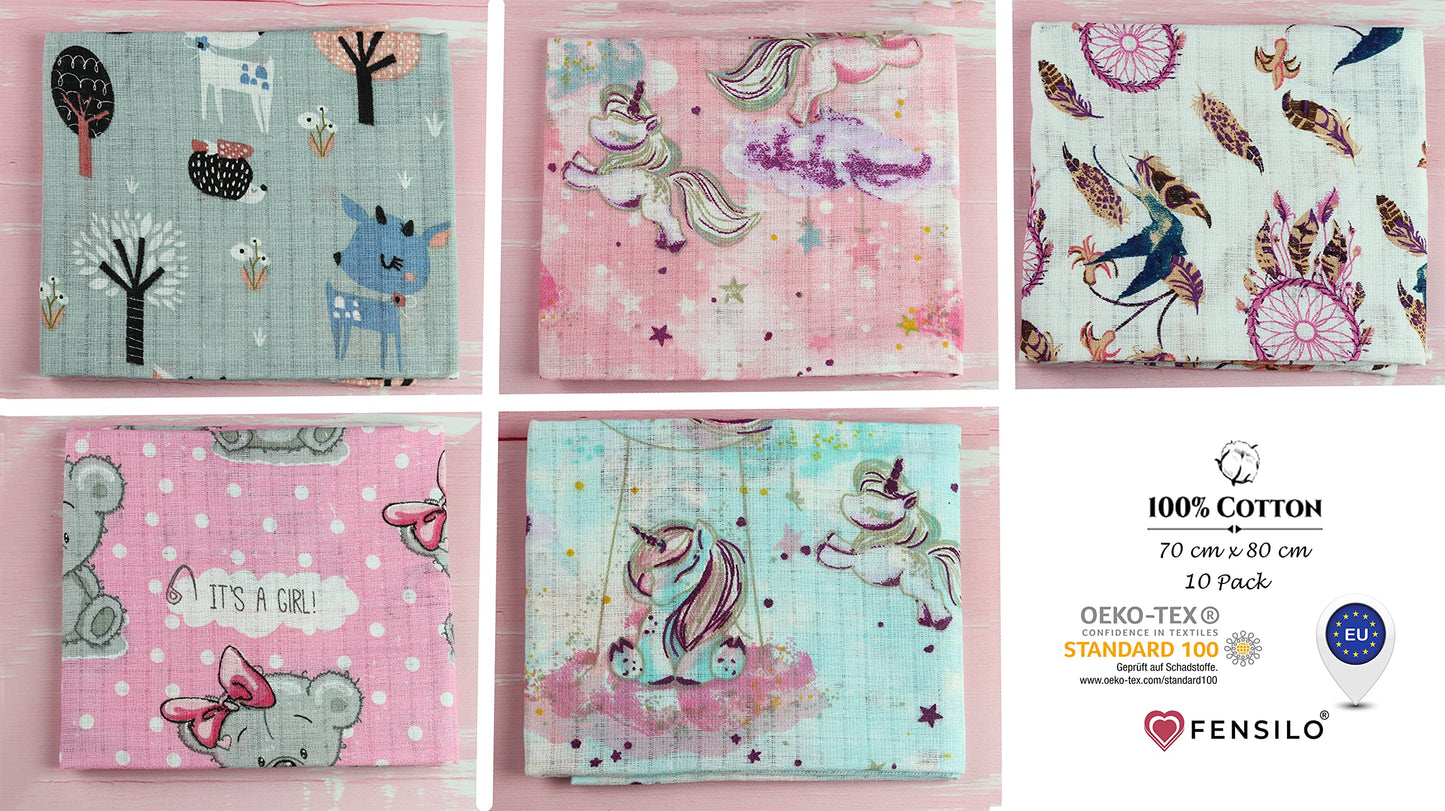 FENSILO - Mulltücher - Mullwindeln - 10er Pack 70x80 cm - Stoffwindeln, Made IN EU, schadstoffgeprüft - Spucktücher Set für Mädchen – Baby Mullwindeln- Rosa - Oeko-TEX Zertifiziert