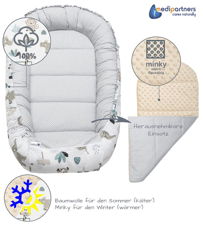 Medi Partners Babynestchen Babynest Set 100x60x15 Kuschelnest 5 teilig herausnehmbarer Einsatz Kokon Nestchen Babys Neugeborene 100% Baumwolle (REH mit Grauem Minky)
