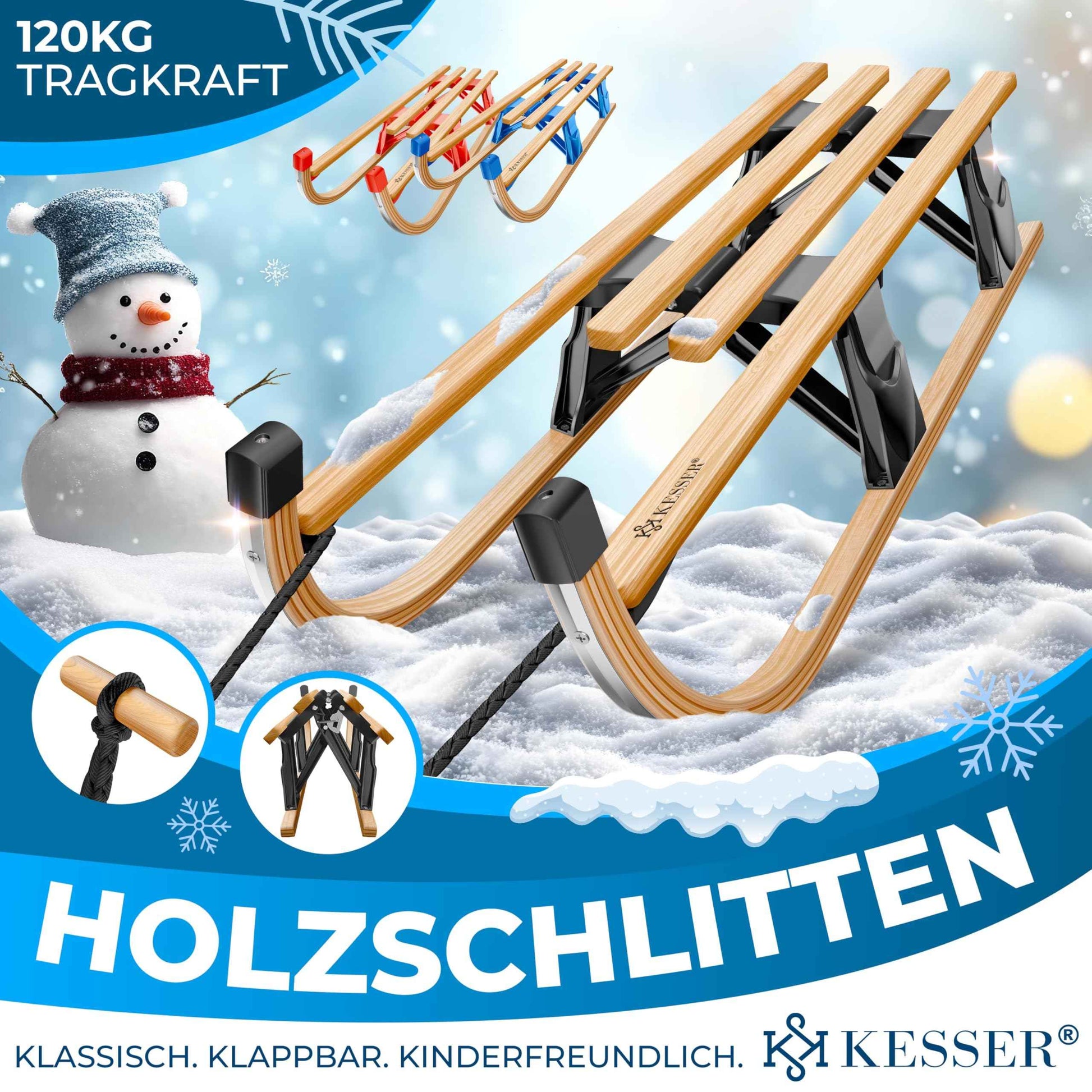 KESSER® Wooden Sledge Premium Children's Folding Sledge Made of Beech Wood Including Pull Rope Slider Metal Runners