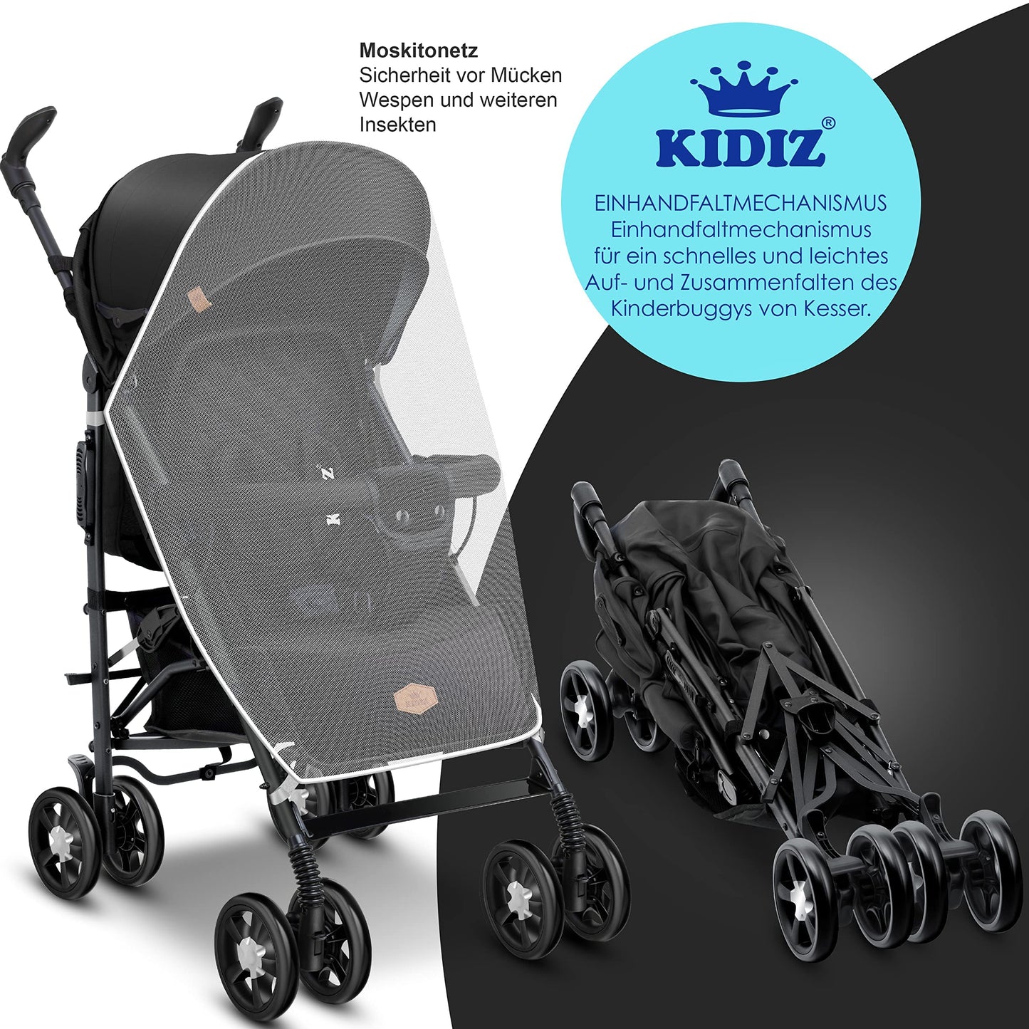 KIDIZ® City-Pro Pushchair Folding Pushchair Pushchair Sports Pushchair Foldable 360° 6 Inch Wheels Includes Mosquito Net, Footmuff and Rain Cover Foldable Sleep Function Blue 