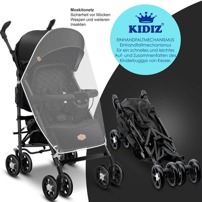 KIDIZ® City-Pro Pushchair Folding Pushchair Pushchair Sports Pushchair Foldable 360° 6 Inch Wheels Includes Mosquito Net, Footmuff and Rain Cover Foldable Sleep Function Blue 
