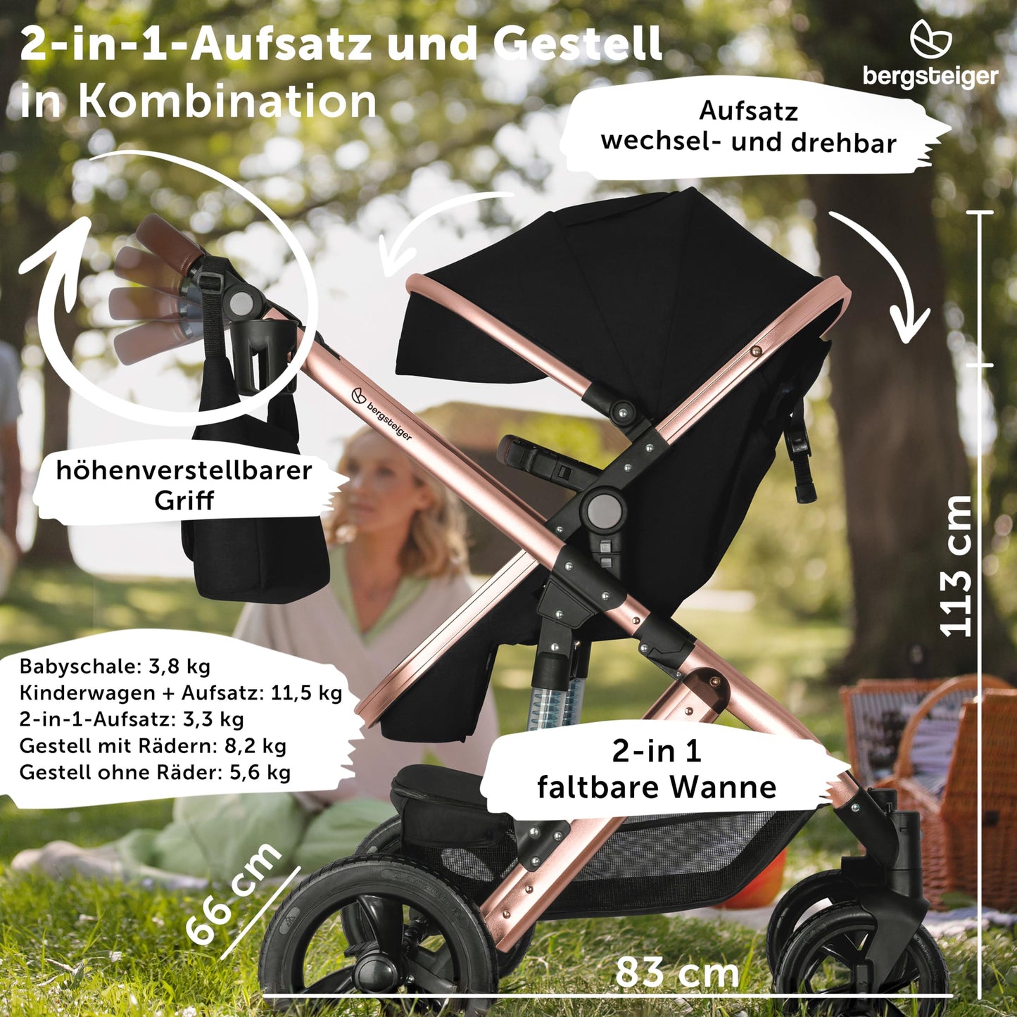 Bergsteiger Nizza 3 in 1 Kinderwagen, Kombikinderwagen Komplettset, Auto-Babyschale & Isofix Station, Babywanne & Buggy Sportsitz inklusive