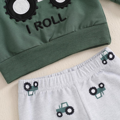 Baby Boys Soft Clothing Sets Toddler Cute Two Piece Outfit Long Sleeve Tractor Print Sweatshirt and Trousers Set Autumn Winter Jogging Suit 