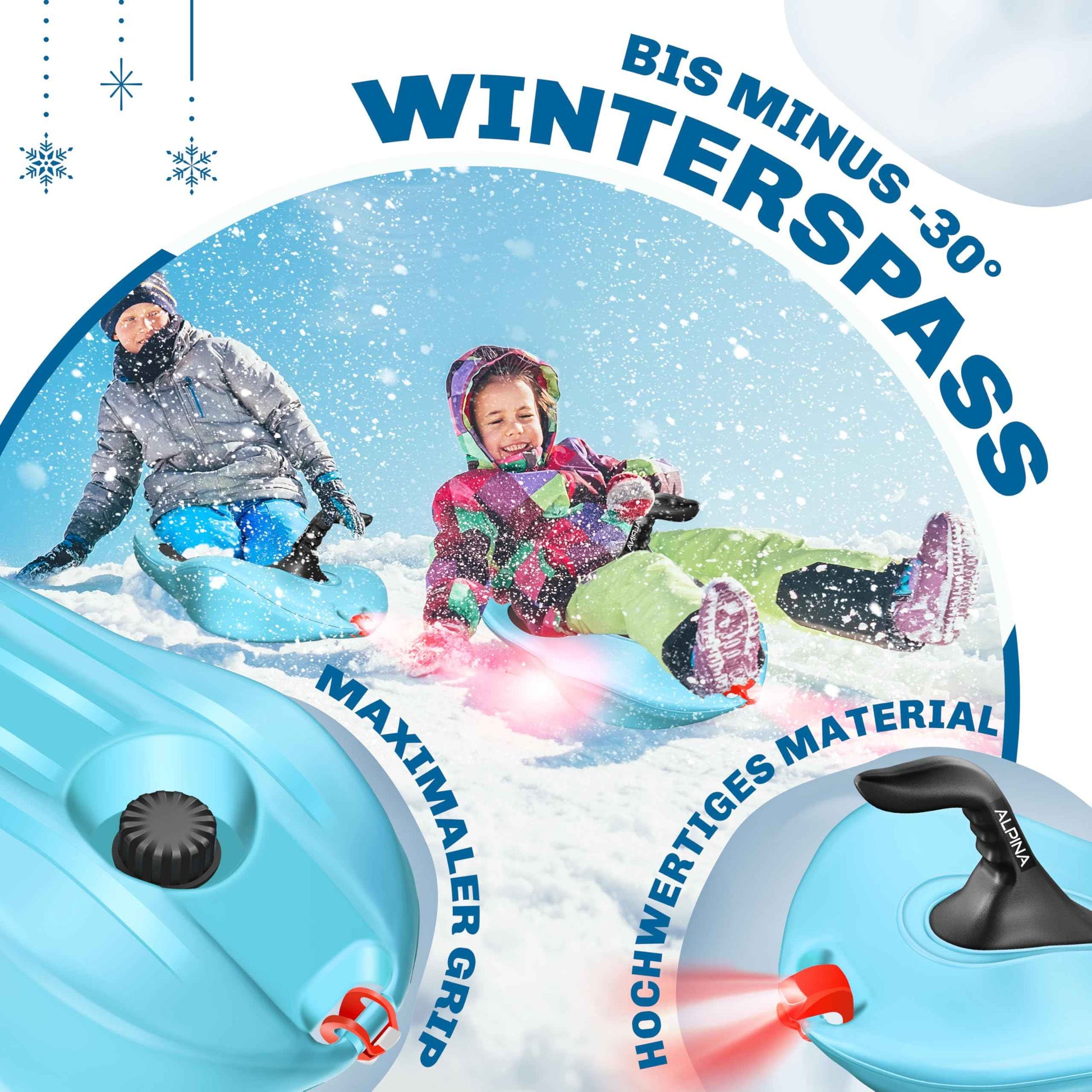 KESSER® Bob Snow Bob Alpina with LED Light Including Pull Rope Sledge Children's Sledge Pointed Bob Plastic Sledge Stable for Children and Adults Snow Sports Winter Sports Sledge