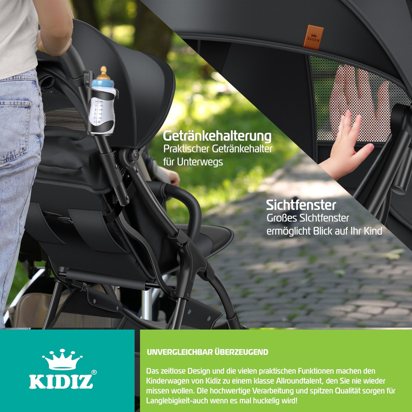 KIDIZ® Folding Pushchair, Sports Pram, 360° Wheels, 5-Point Harness, incl. Drinks Holder, Rain Cover, Adjustable Backrest and Sun Canopy, Red