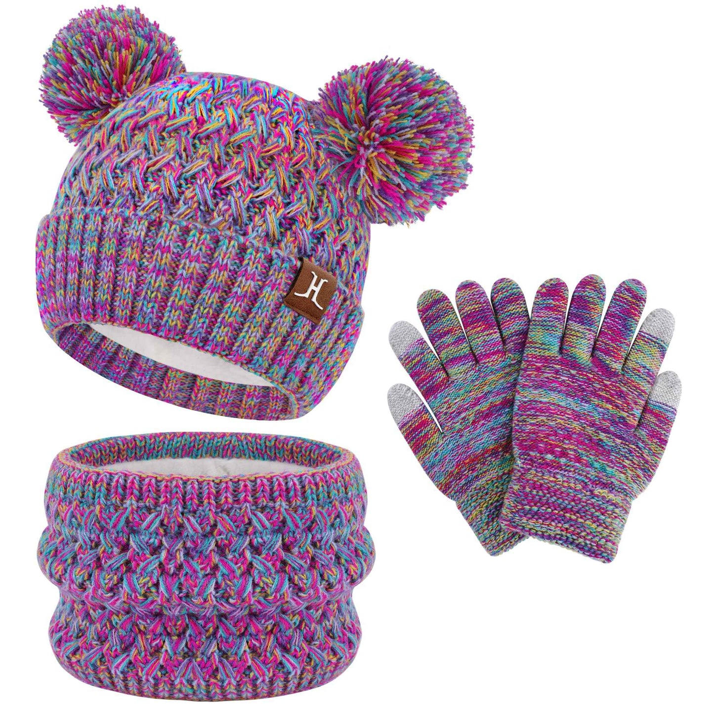 Children's Winter Hat Loop Scarf Touchscreen Gloves Set 2 3 4 5 6 7 Years Toddler Winter Hat Beanie Tube Scarf Knitted Pom Hats Gift Girls Boys