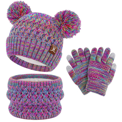 Children's Winter Hat Loop Scarf Touchscreen Gloves Set 2 3 4 5 6 7 Years Toddler Winter Hat Beanie Tube Scarf Knitted Pom Hats Gift Girls Boys