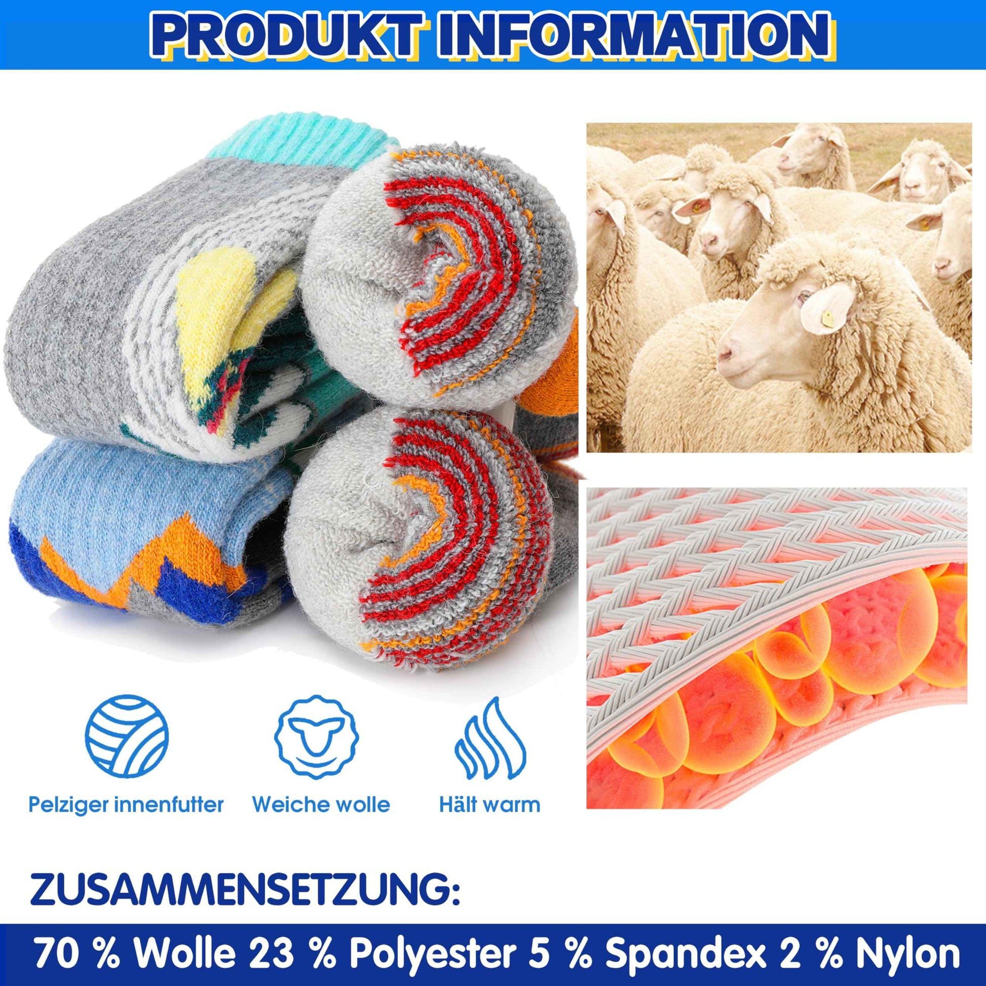 ANTSANG Kinder Merino Woll Skisocken Jungen Mädchen Thermisch Dick Warm Winter Gemütlich Kniehohe Socken zum Skifahren Snowboarden 3 Paar
