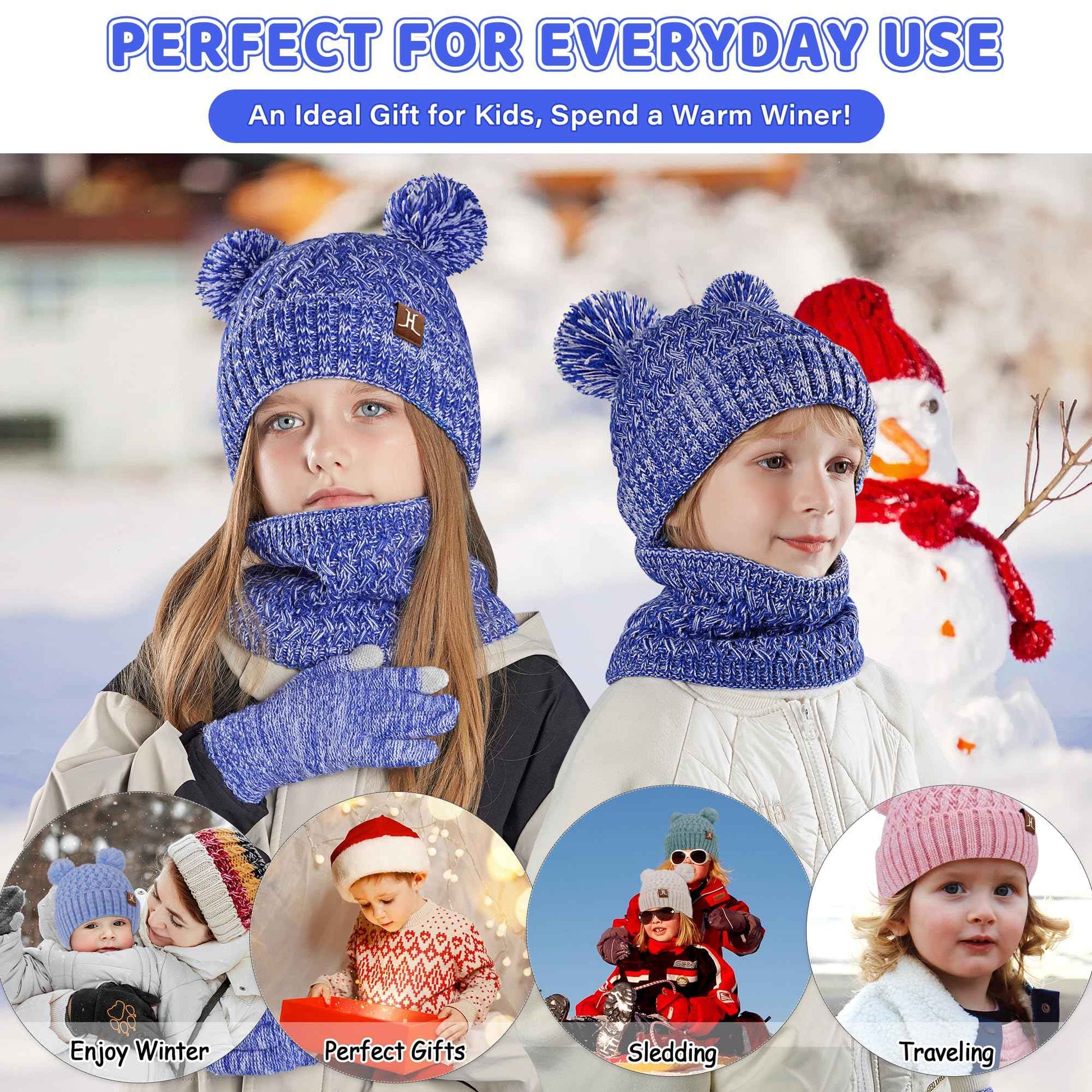 Children's Winter Hat Loop Scarf Touchscreen Gloves Set 2 3 4 5 6 7 Years Toddler Winter Hat Beanie Tube Scarf Knitted Pom Hats Gift Girls Boys