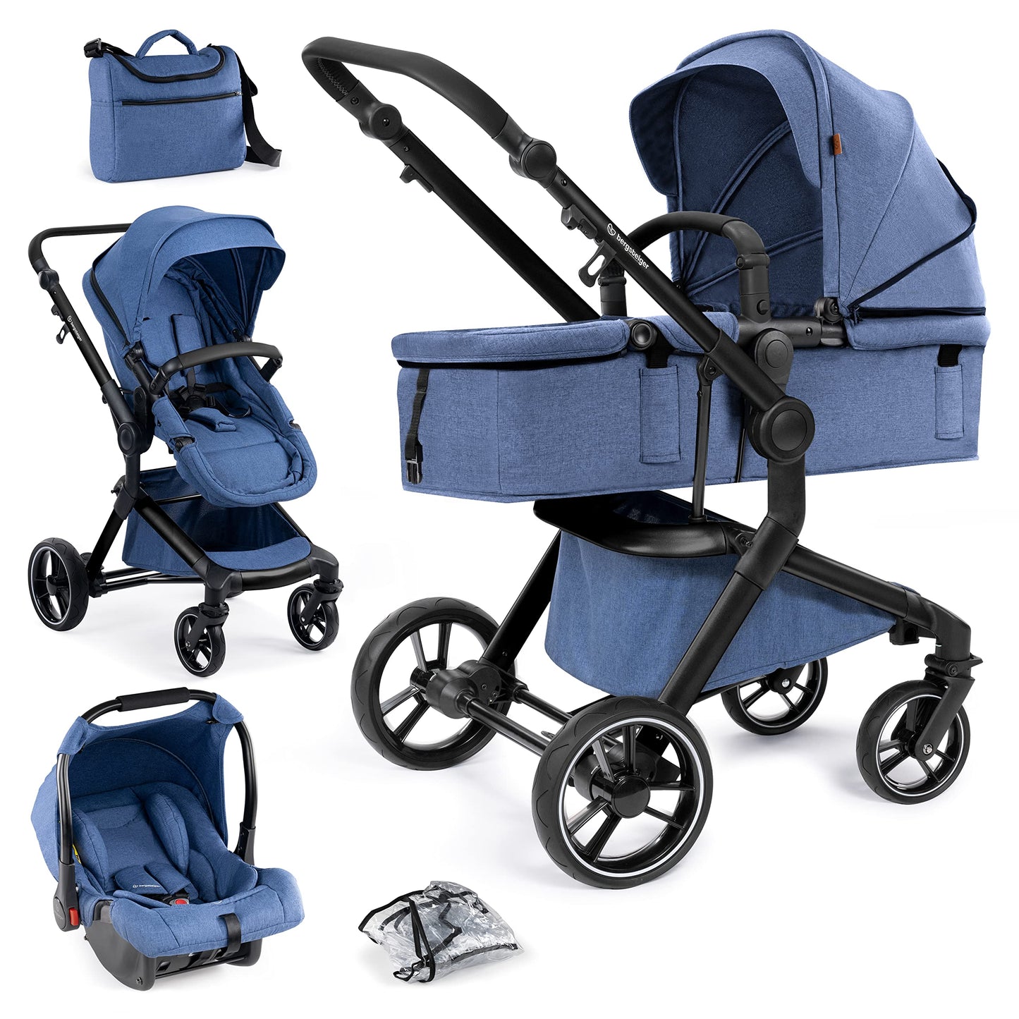 Bergsteiger Lugo 3-in-1 Pushchair Complete Set Including Accessories - Baby Seat, Buggy Attachment, Sun Protection & Weather Footmuff | Isofix Station Available