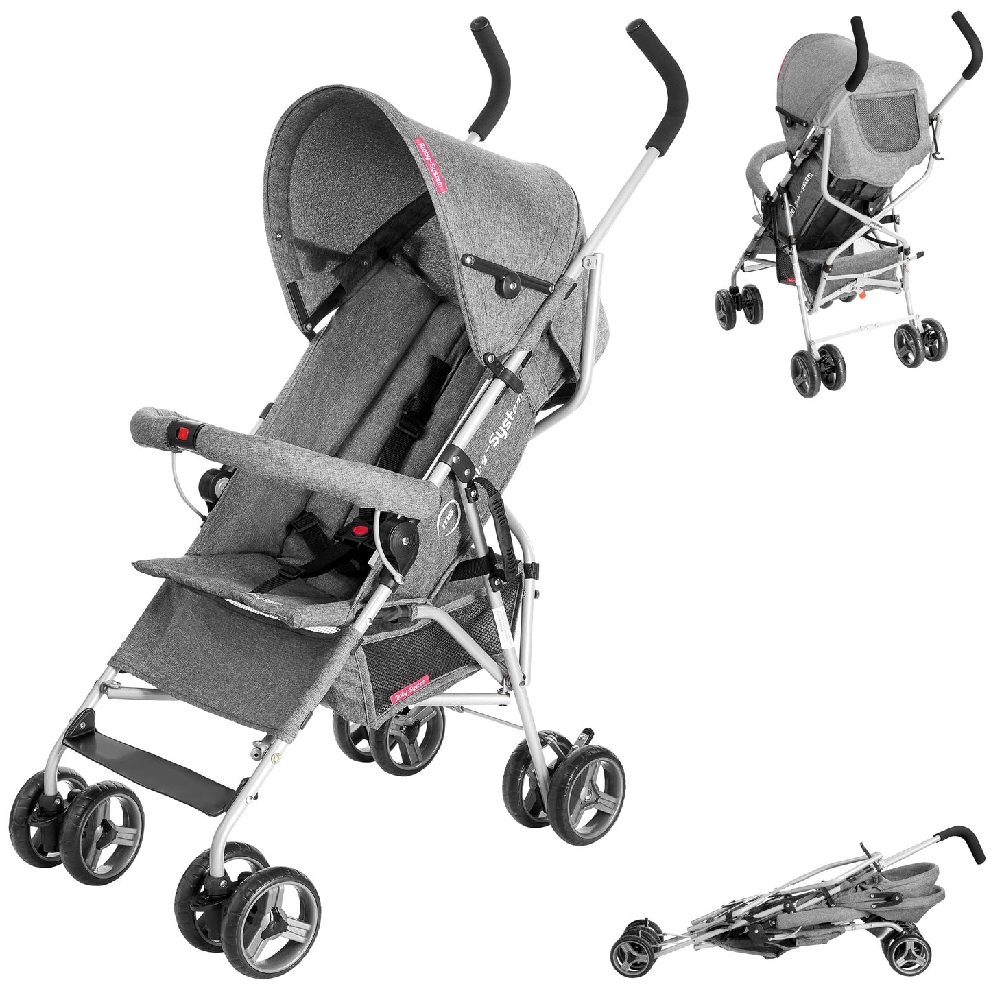 Moby-System, Buggy, superleicht und kompakt, bis 14 kg, verstellbare Rückenlehne, Doppelräder, schwenkbare Schaumstoffräder, faltbar, mit Sonnendach – idealer Kinderwagen für Spaziergänge, grau