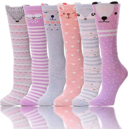 ANTSANG Girls' Knee Socks 6 Pairs for Children Gifts Long Funny Children's Socks Animal Cotton Socks 3-12 Years