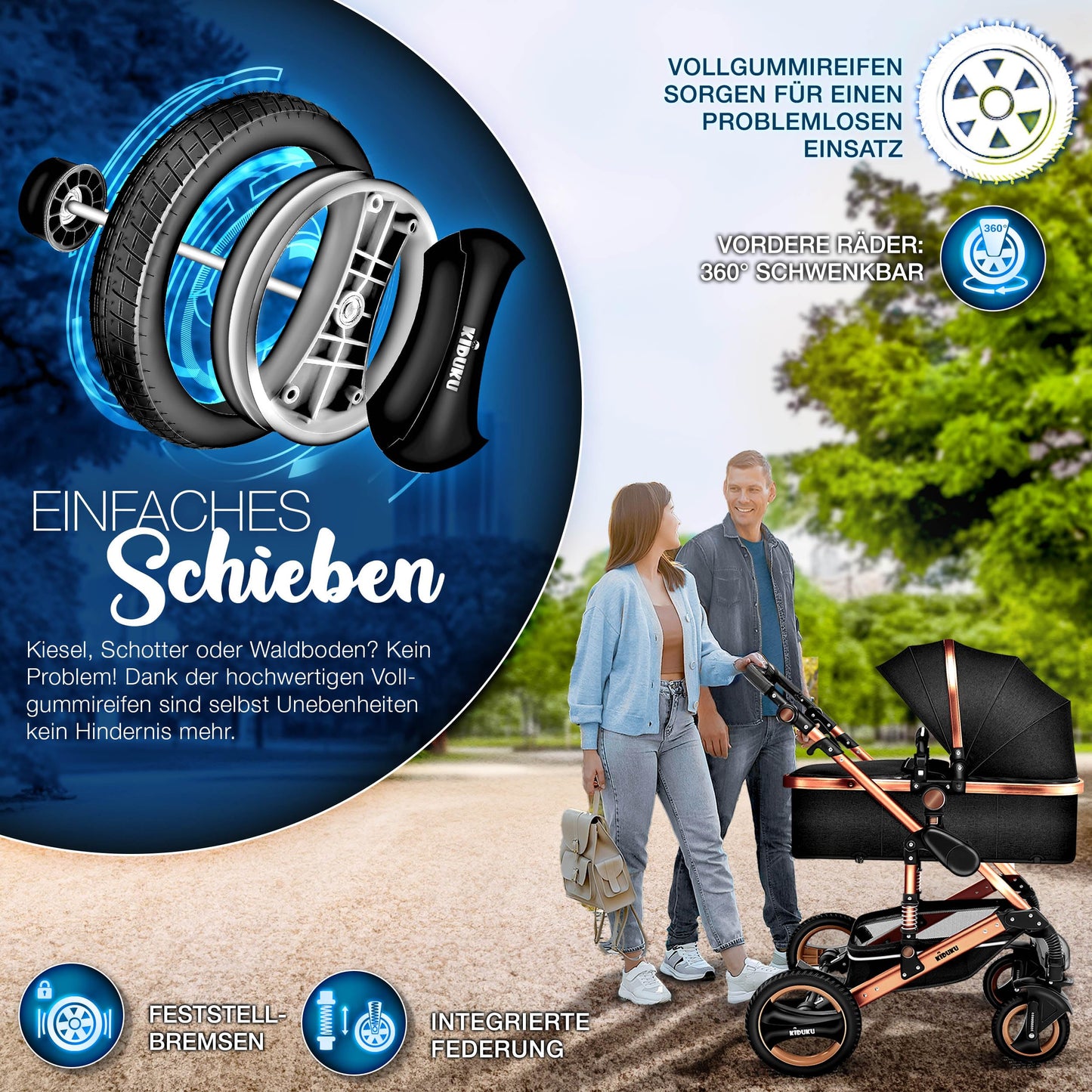 KIDUKU® 3 in 1 Kinderwagen Komplettset | Kombikinderwagen Set inkl. Babywanne & Buggy Sportsitz & Auto-Babyschale Fußsack | Vollgummireifen Wickeltasche Handwärmer Regenschutz Kindertisch ECE R129